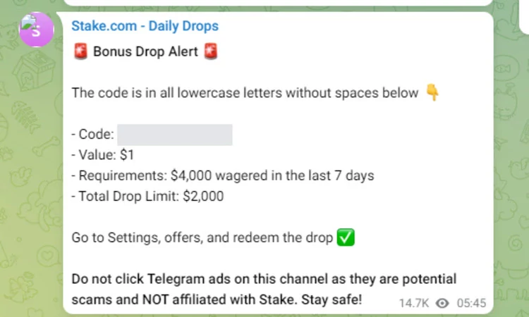 stake.com bonus drop code daily drops telegram