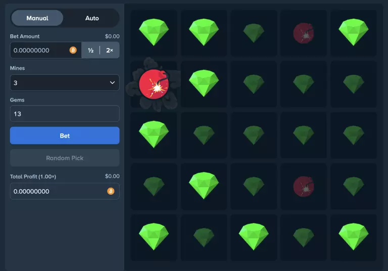 Stake.com Mines Grid with diamond and mine symbols