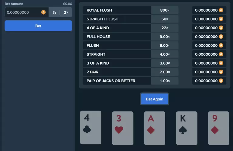 Stake.com Video Poker game with cards dealt